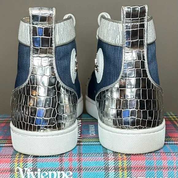 Christian Louboutin Denim and Silver Studded Sneakers - Picture 5 of 8